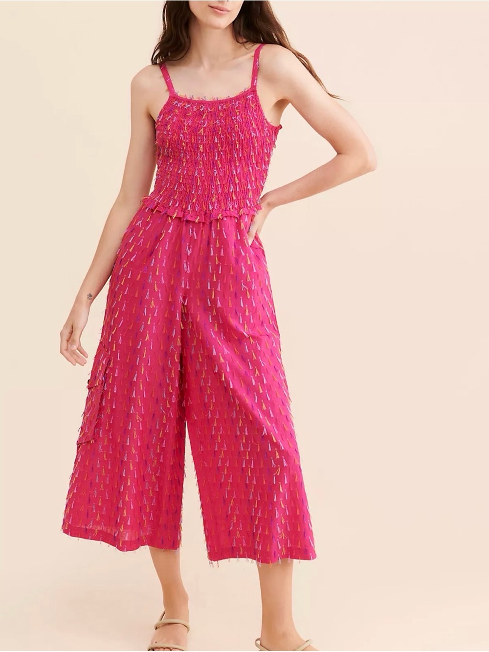 Bright Pink Smocked Wide-Leg Jumpsuit with Subtle Multicolor Detail